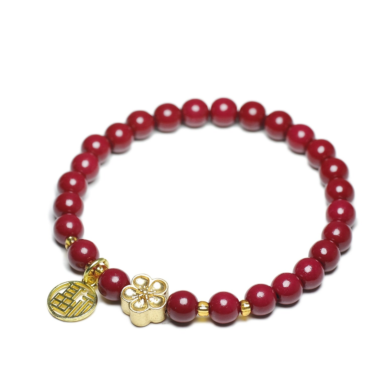 Fashion Red Sandalwood Bead Bracelet with Flower Charm & Double Happiness Pendant – Feng Shui Enhanced Energy for Career & Love