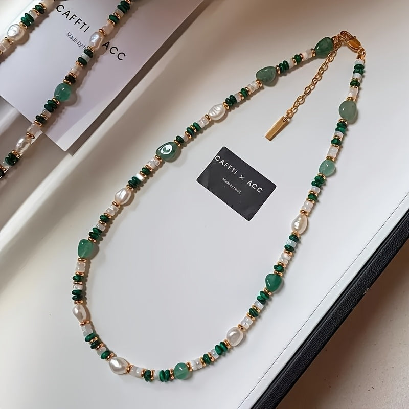 1pc Elegant Faux Pearl & Malachite Beaded Necklace - Green & White Freshwater Pearl Jewelry with Golden-Tone Accents for Spring-Autumn Fashion Accessories
