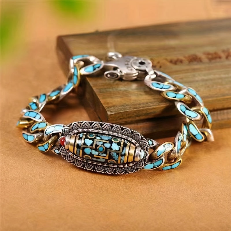 Men’s Vintage Nine-Eye Bead Bracelet — Protection, Wisdom & Energy Balance | Copper Chain with Turquoise & Agate Inlay