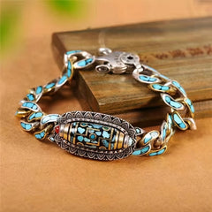 Men’s Vintage Nine-Eye Bead Bracelet — Protection, Wisdom & Energy Balance | Copper Chain with Turquoise & Agate Inlay