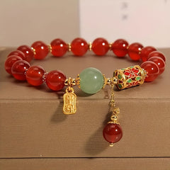 Red Agate & Green Jade Harmony Bracelet – Feng Shui Prosperity & Protection Talisman  - Vintage Bohemian Red Agate Bead Bracelet with Golden-Tone Charm & Green Accent Beads, Unisex Everyday Jewelry Gift for Boyfriend, Girlfriend, Best Friend