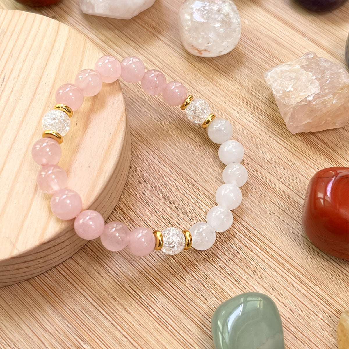 Pink Rose Quartz & White Stone Y2K Chakra Bracelet for Harmony & Protection