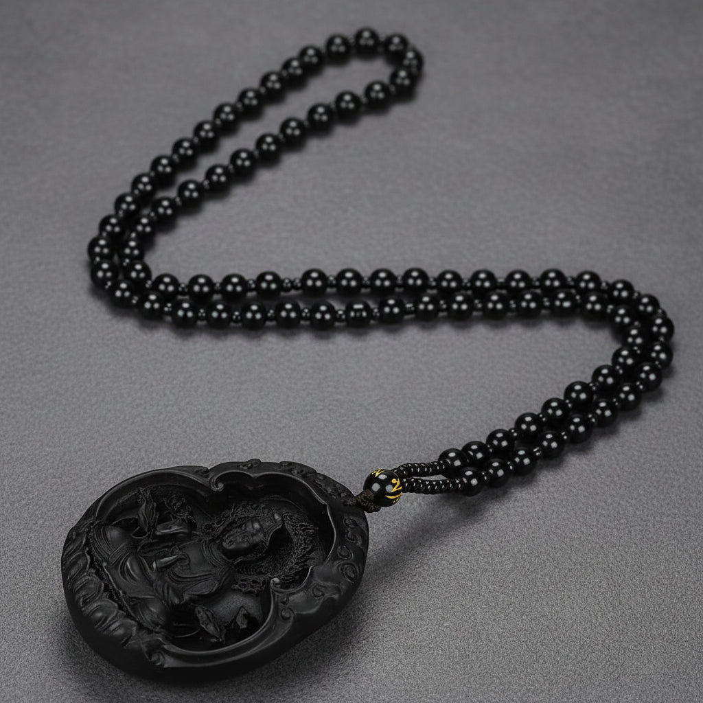 Black Amber Pendant with Maitreya Bodhisattva Guanyin for Healing Protection