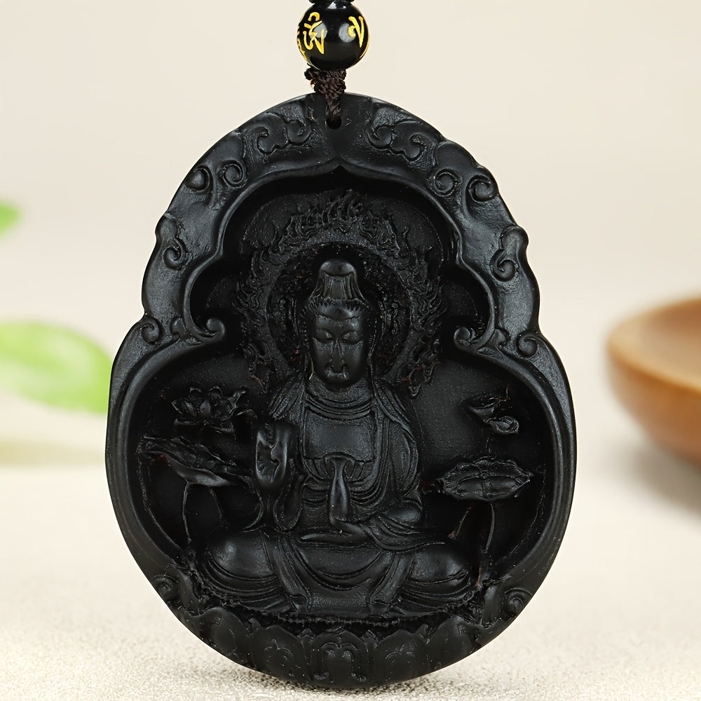 Black Amber Pendant with Maitreya Bodhisattva Guanyin for Healing Protection