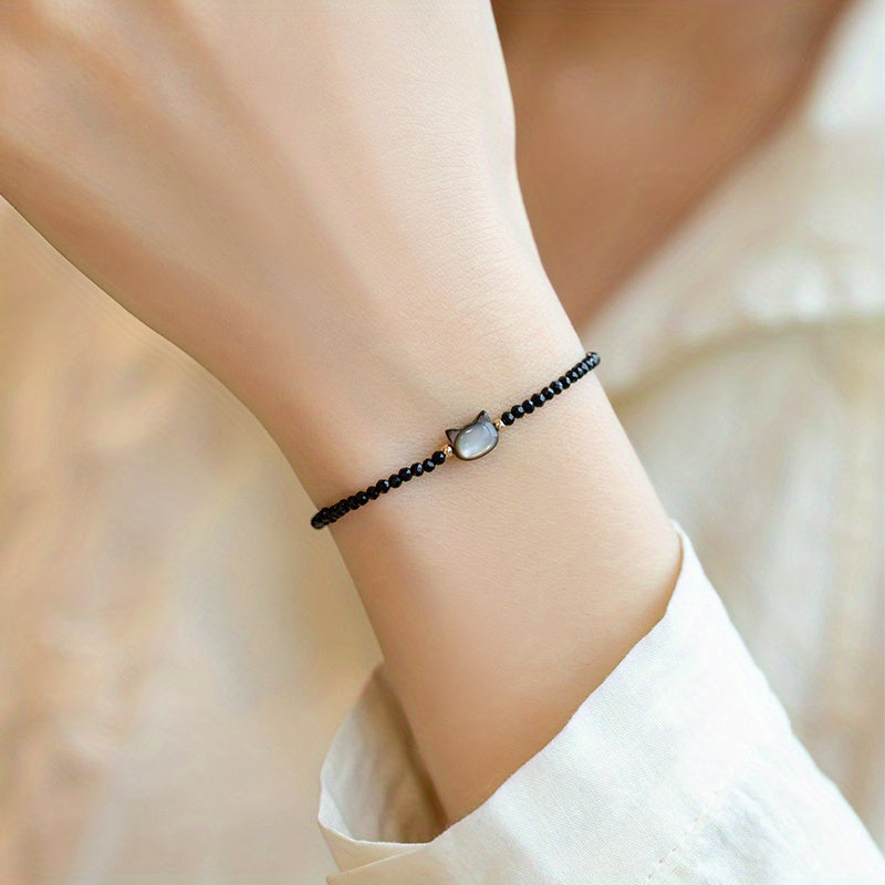 Delicate Adjustable Cat Charm Bracelet - Black & Pearl White Crystals for Spiritual Energy