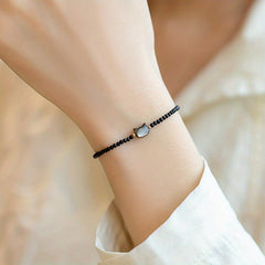 Delicate Adjustable Cat Charm Bracelet - Black & Pearl White Crystals for Spiritual Energy