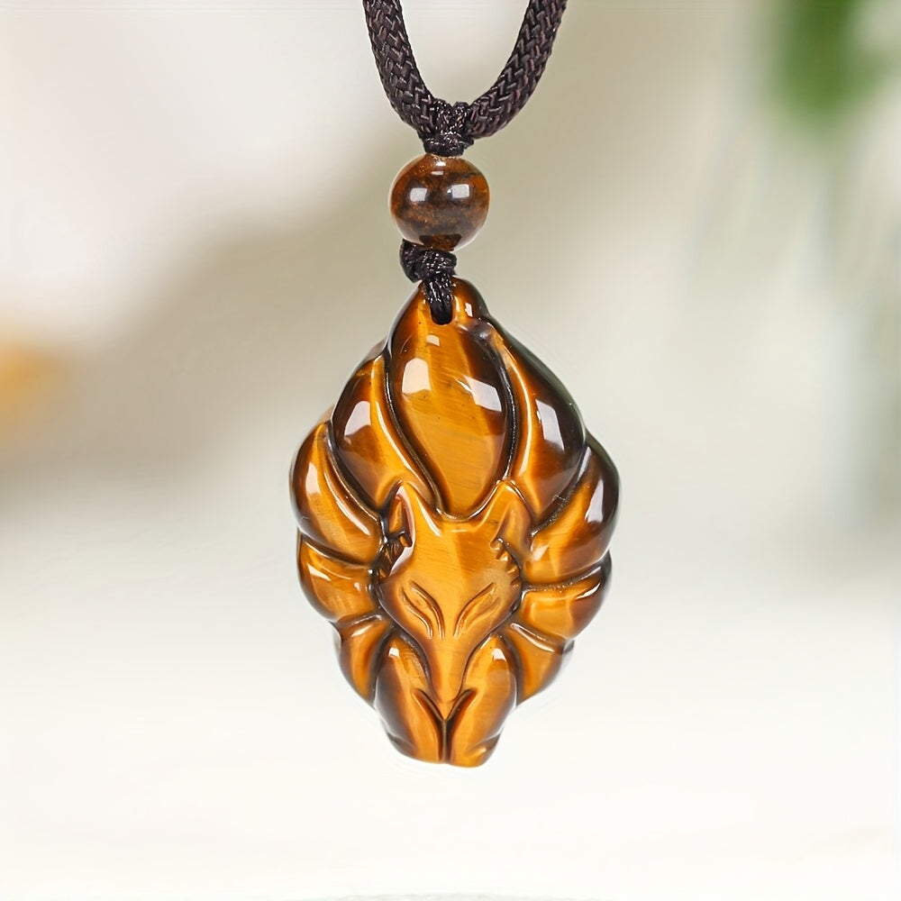 Boho Tiger Eye Nine-tailed Fox Pendant - Natural Stone Energy for Daily Wear & Festivals