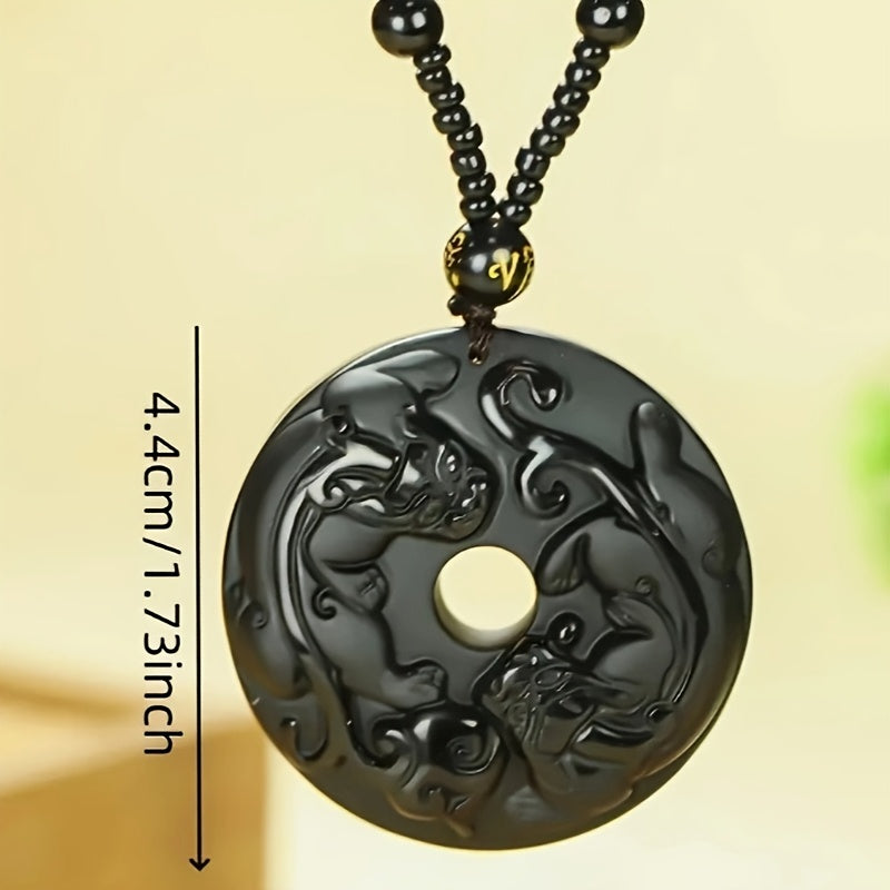 Elegant Obsidian Double Pixiu Pendant Necklace - Natural Stone Amulet for Protection & Prosperity