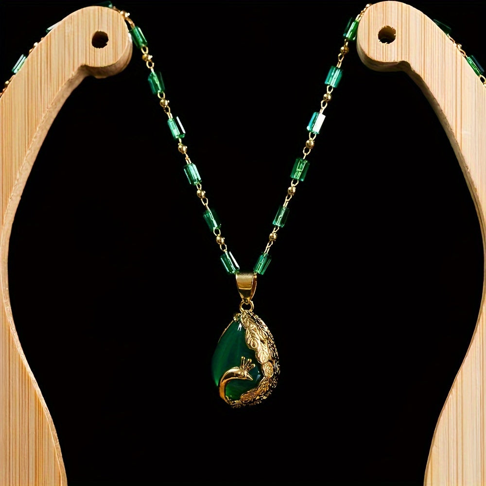 Elegant Peacock Pendant: Vintage Malachite Necklace for Prosperity & Spiritual Harmony