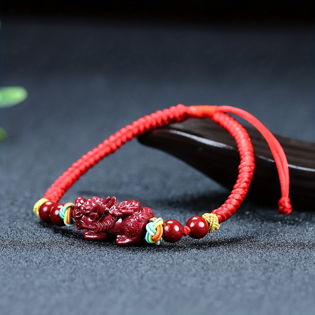 Men's Classic Cinnabar Pixiu Wealth Bracelet - Emperor Sand Ruyi Red Cord for Energy Healing