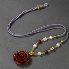 High-Content Cinnabar and Purple Golden Sand Rose Flower Carved Pendant for Eternal Love, Passion and Spiritual Protection