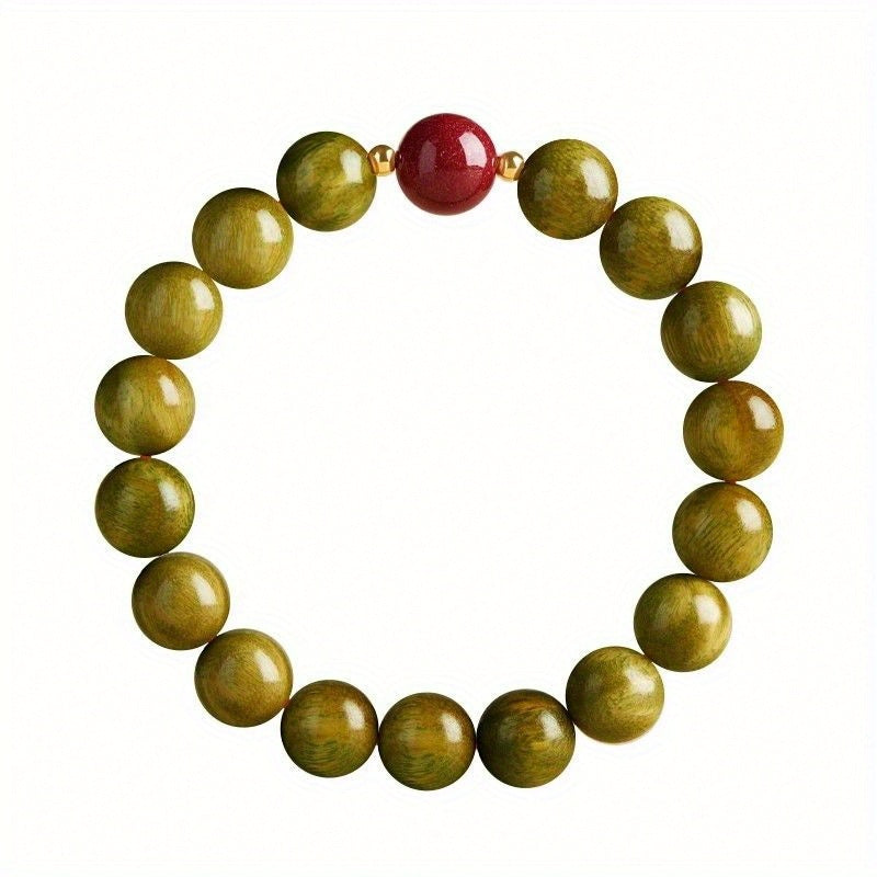 Natural Green Sandalwood Cinnabar Bracelet - Calming Agarwood Cultural Bead for Spiritual Energy
