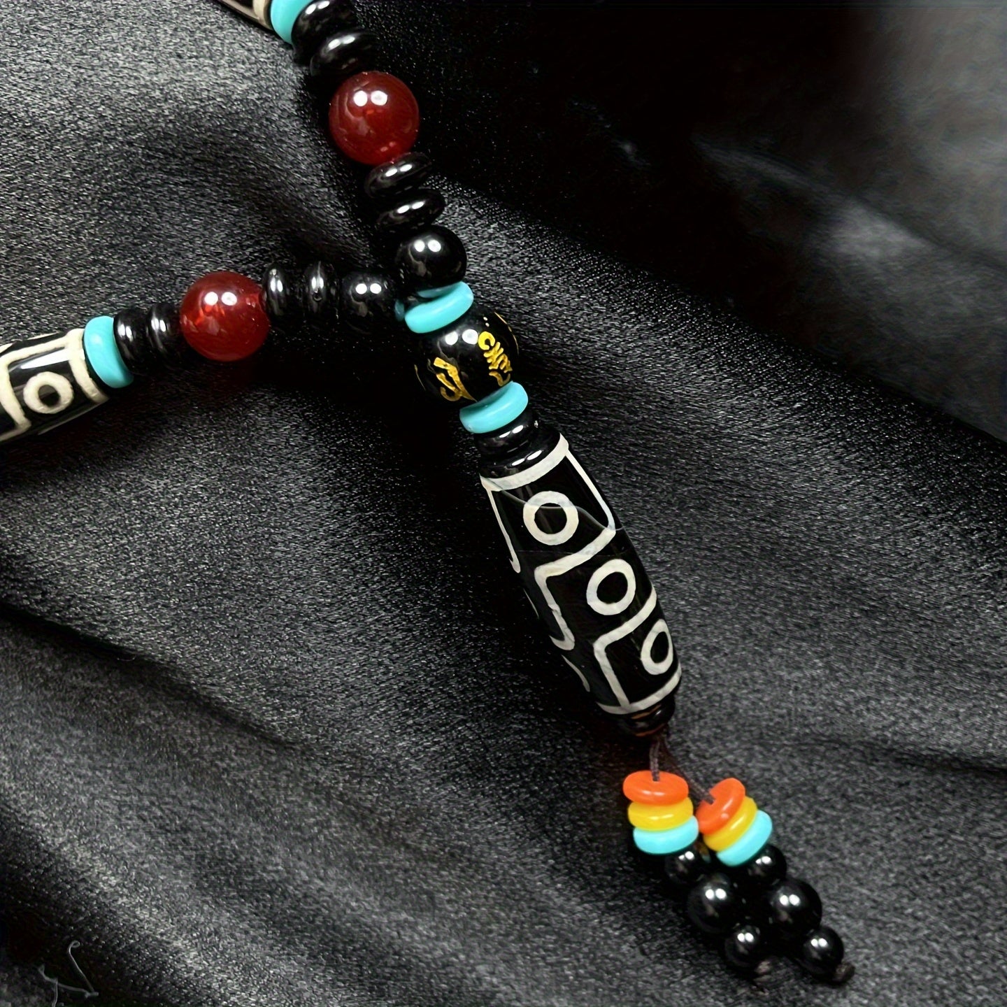 Ethnic Agate Dzi Bead Necklace — Grounding Protection, Vitality & Good Fortune Energy Talisman (Unisex, Tassel Charm)