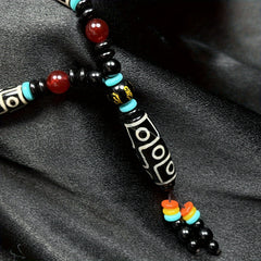 Ethnic Agate Dzi Bead Necklace — Grounding Protection, Vitality & Good Fortune Energy Talisman (Unisex, Tassel Charm)