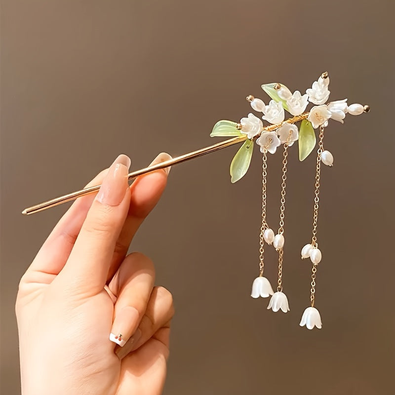 Tassel Habohemian ethnic design, mind-body-spirit balance, golden metal design, white pearl accents, green leaf motifs, imitation pearls, detailed craftsmanship, weddings and formal events, sirpin - Bohemian Ethnic Design for Mind-Body-Spirit Balance