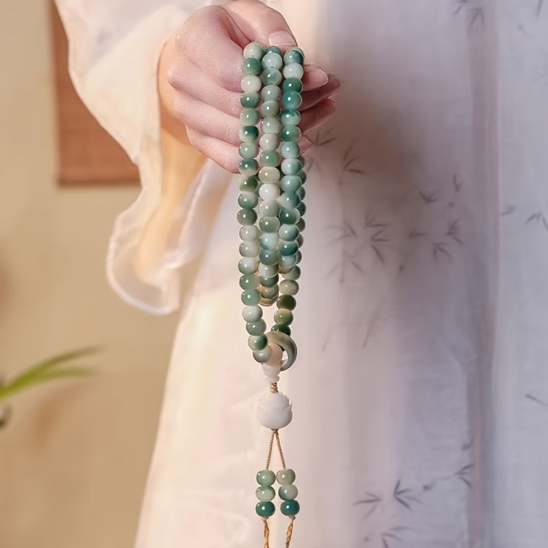 108pcs Natural Bodhi Bead Bracelet - Vintage Style Green Prayer Beads with White Accents, 10mm Handheld Meditation Mala Beads for Casual Attire