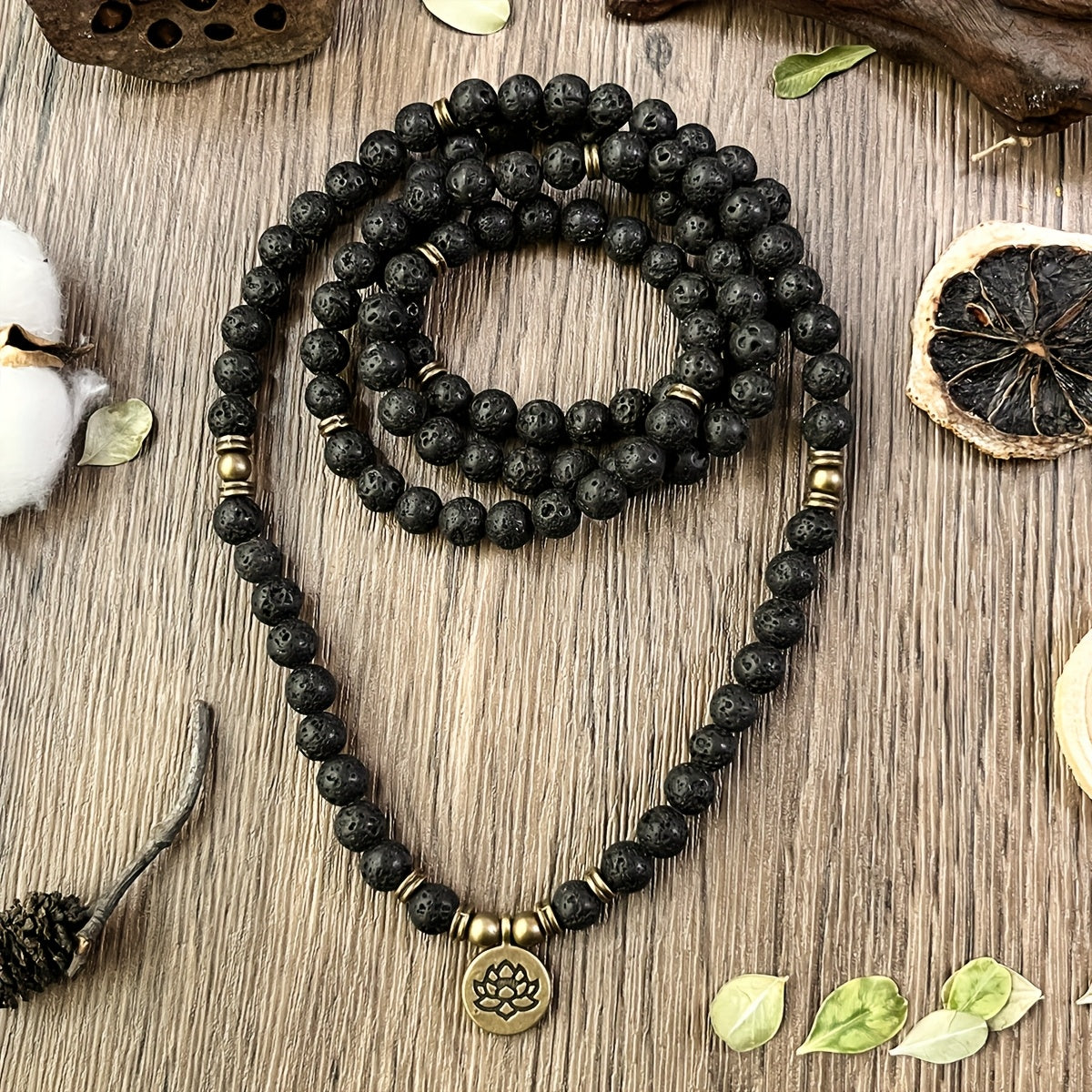 108 Beads Black Stone Mala Bracelet with Lotus Pendant - Energy Balancing & Protection for Daily Wear