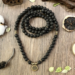 108 Beads Black Stone Mala Bracelet with Lotus Pendant - Energy Balancing & Protection for Daily Wear