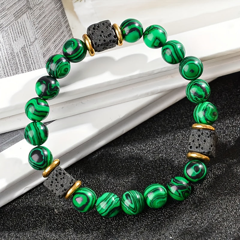 Men's Natural Stone Bead Bracelet — Wealth Attracting Green Malachite & Volcanic Stone Energy Jewelry