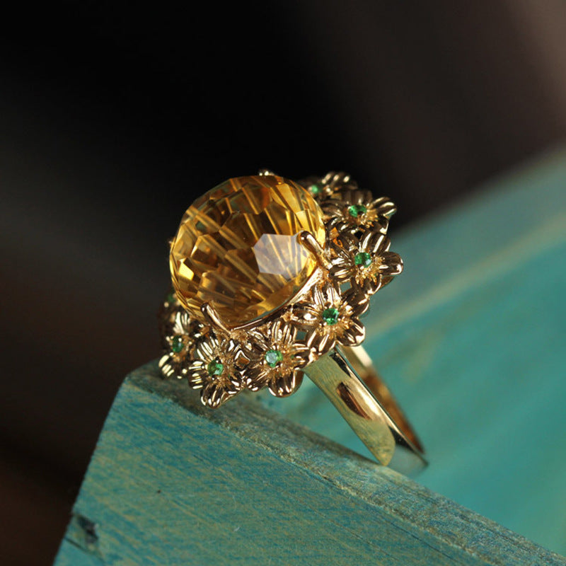 Sunset Blossom Citrine Ring - Firework Design with Imitation Jadeite Surround for Mother's Day, Anniversaries & Weddings