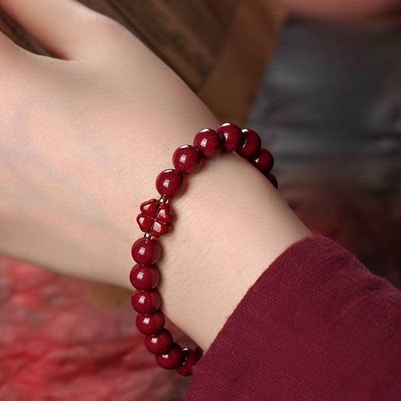 Elegant Four-Leaf Clover Bracelet with Cinnabar Stones - Daily Wear Natural Red Beaded Charm for Good Fortune & Protection