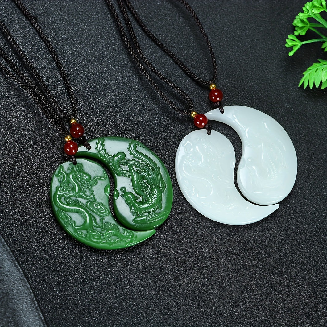 Elegant Dragon & Phoenix Pendant Necklace - Natural Stone Energy for Couples | Harmony & Prosperity Symbol