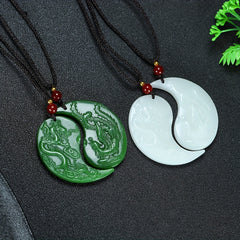 Elegant Dragon & Phoenix Pendant Necklace - Natural Stone Energy for Couples | Harmony & Prosperity Symbol