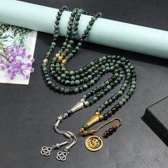 Natural Blue-Green Agate Tasbih with Golden Accents - Islamic Prayer Beads for Men - Spiritual Energy & Focus