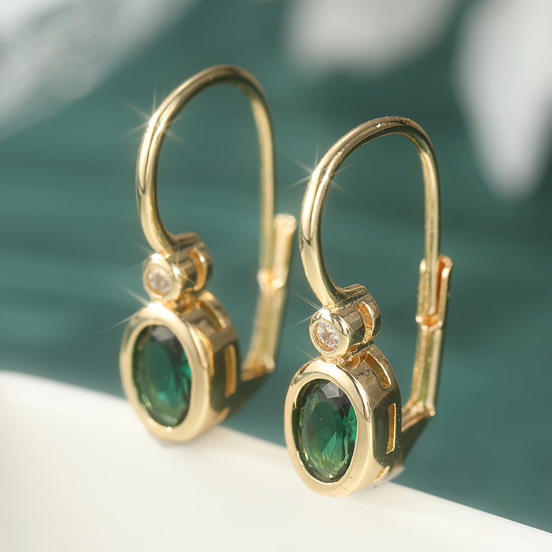 Elegant Golden Hoop Earrings with Synthetic Green Zirconia: Vintage French Style for Weddings & Spiritual Harmony