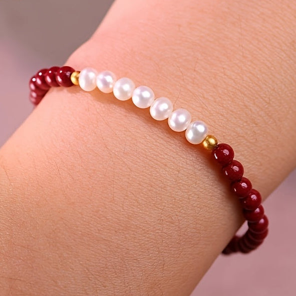 1pc Elegant Women's Natural Freshwater Pearls Necklace - Luxury Red & Gold Beaded Jewelry for Birthday/Anniversary - Spiritual Energy & Harmony