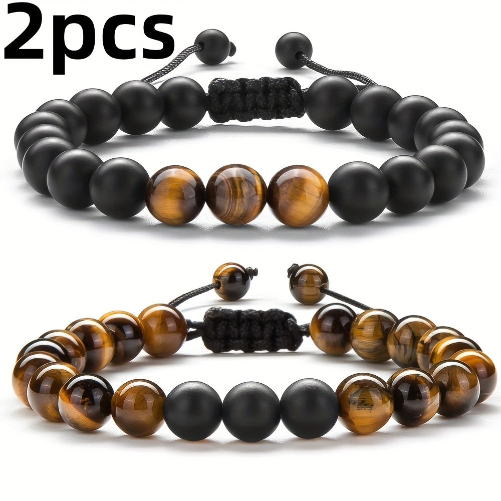 Tiger Eye Stone Bracelets for Grounding Energy - Handcrafted Adjustable Matte Black Beads