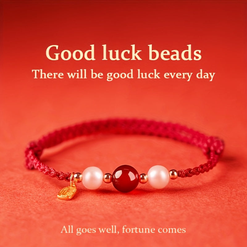 Handmade Woven Bracelet with Lucky Charm - Red Cord & Agate Beads for Good Fortune