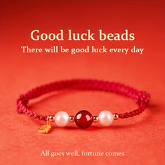 Handmade Woven Bracelet with Lucky Charm - Red Cord & Agate Beads for Good Fortune