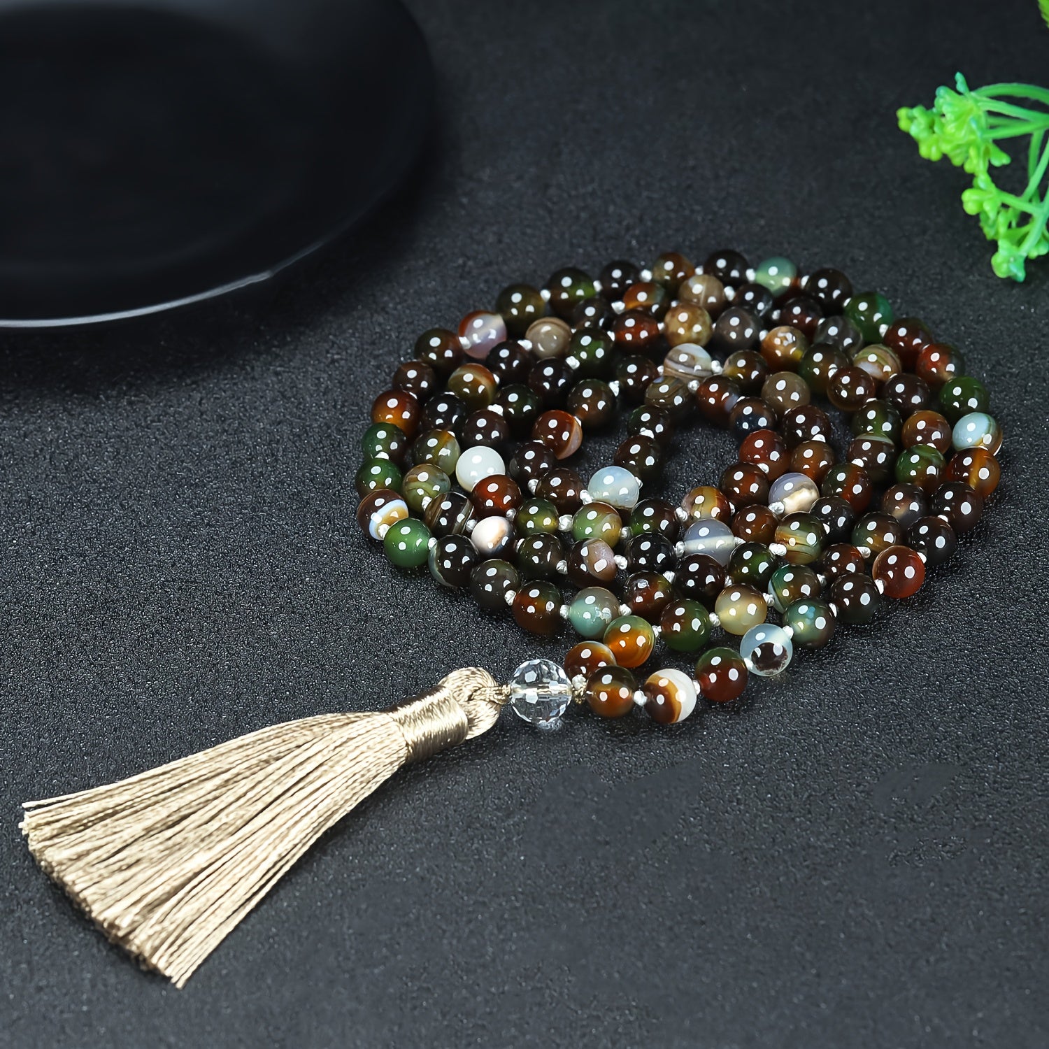 Natural Agate Prayer Mala Necklace - 108 Beads for Spiritual Healing & Daily Wear
