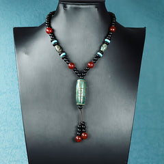 Tibetan Black Agate Necklace with Green Dzi Bead for Protection, Wealth, and Spiritual Balance