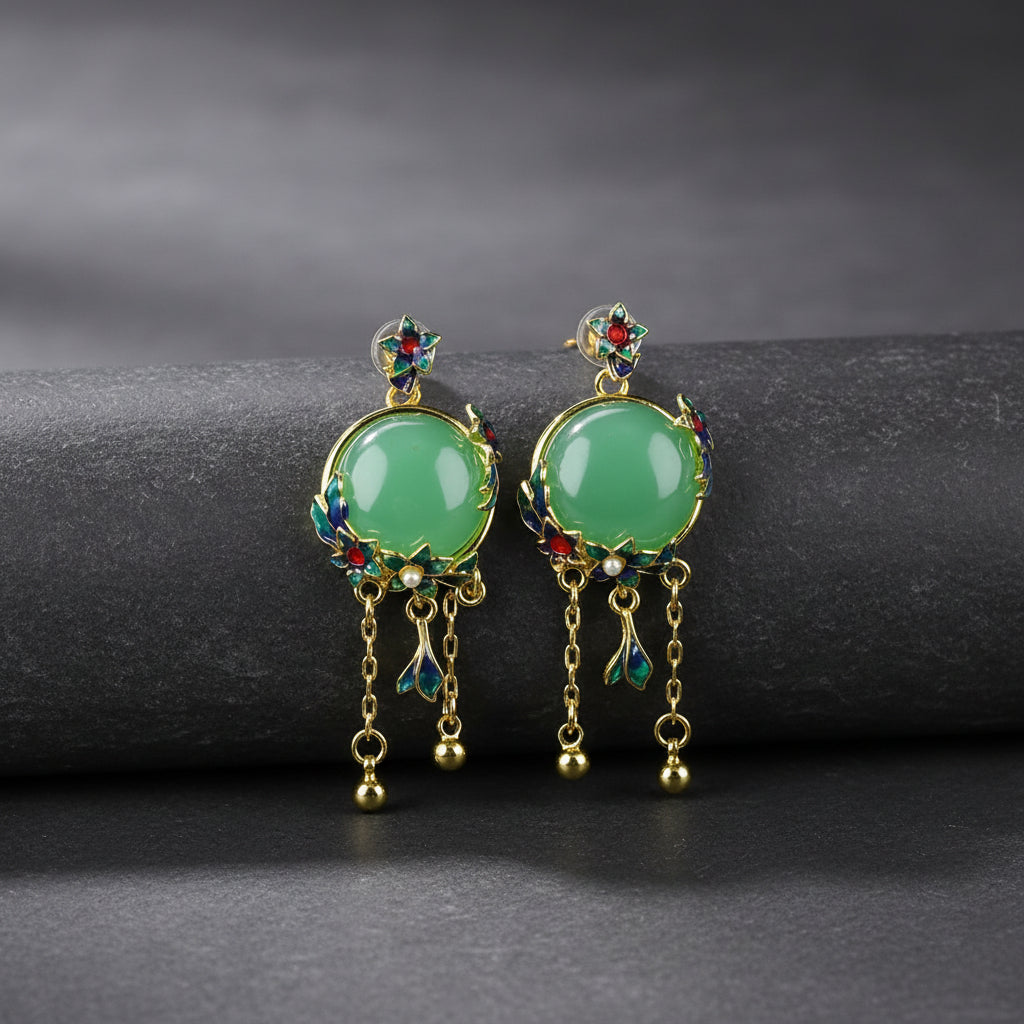 Green Stone & Gold Enamel Pendant Earrings — A Quiet Anchor for the Modern Seeker