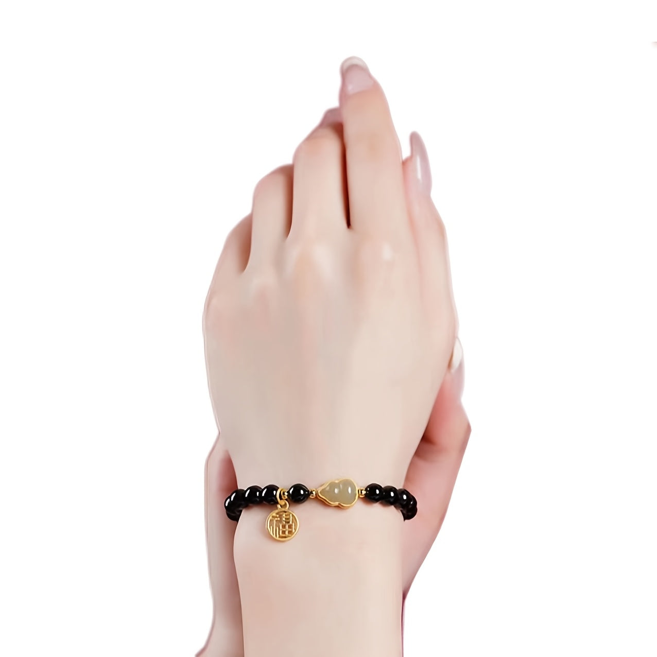 Obsidian Gourd Bracelet - Gold Accents for Wealth & Longevity with Spiritual Protection