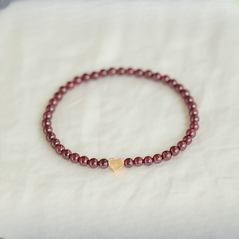 Red Garnet Bead Bracelet with Golden Heart Charm - Lucky Jewelry for Daily Elegance & Spiritual Harmony