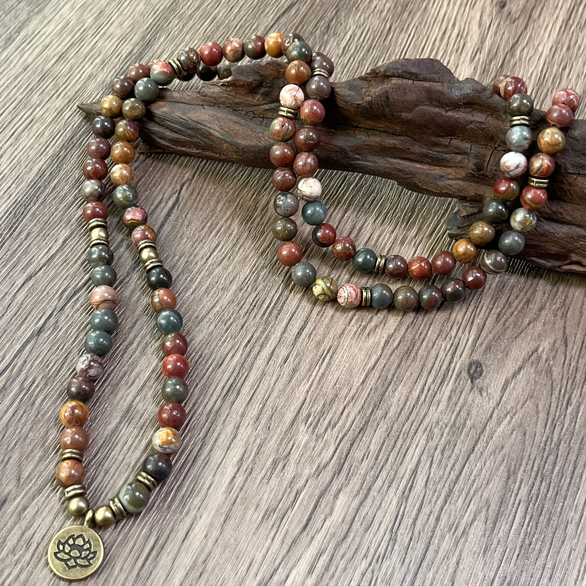 108 Mala Beads Picasso Jasper Bracelet: Bohemian Chakra Jewelry for Meditation & Spiritual Connection
