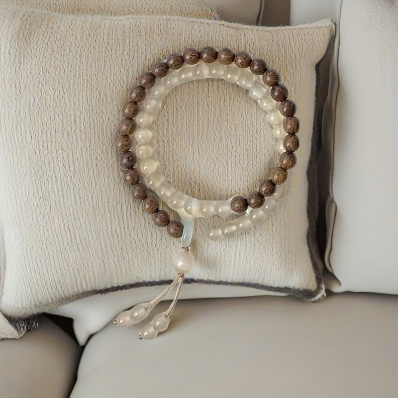 Women's Dual-Layer Beaded Bracelet - Brown & Creamy-White Accents for Everyday Harmony & Formal Elegance