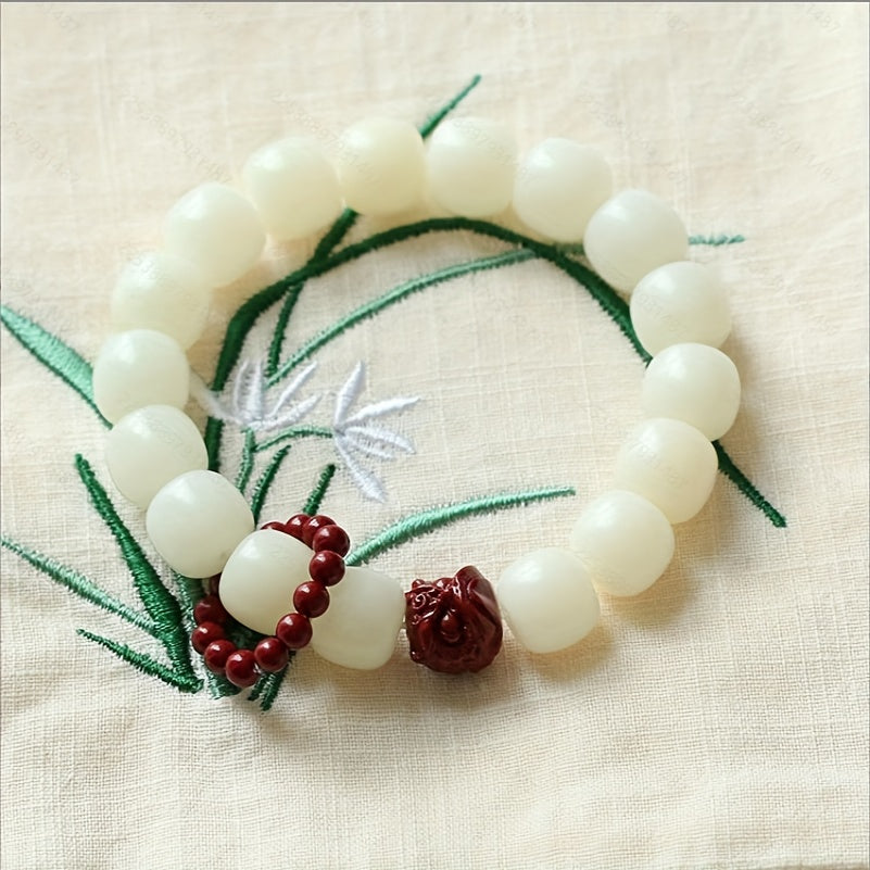 White Jade Bodhi Bead Bracelet with Red Buddha Charm — Serenity, Grounding & Spiritual Nourishment Energy