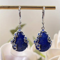 Natural Stone Lapis Lazuli Earrings - Blue Rhinestone Drops for Spiritual Clarity & Elegant Wear
