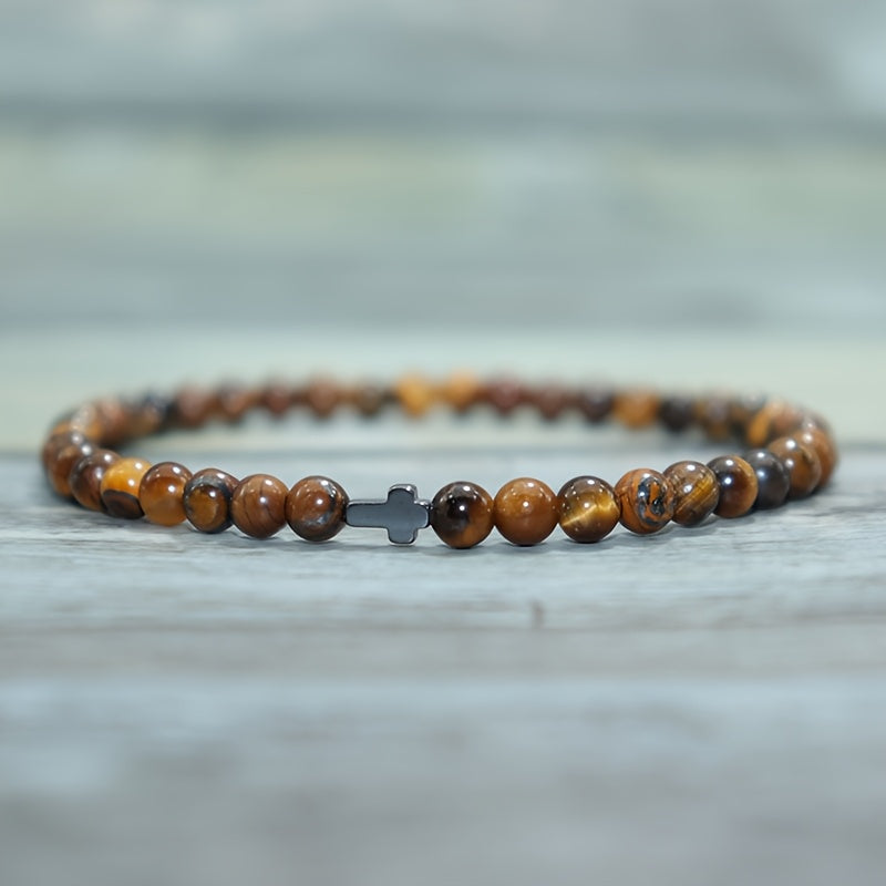 Men's Handmade Blue Stone & Black Cross Bracelet - Spiritual Protection & Stylish Daily Wear