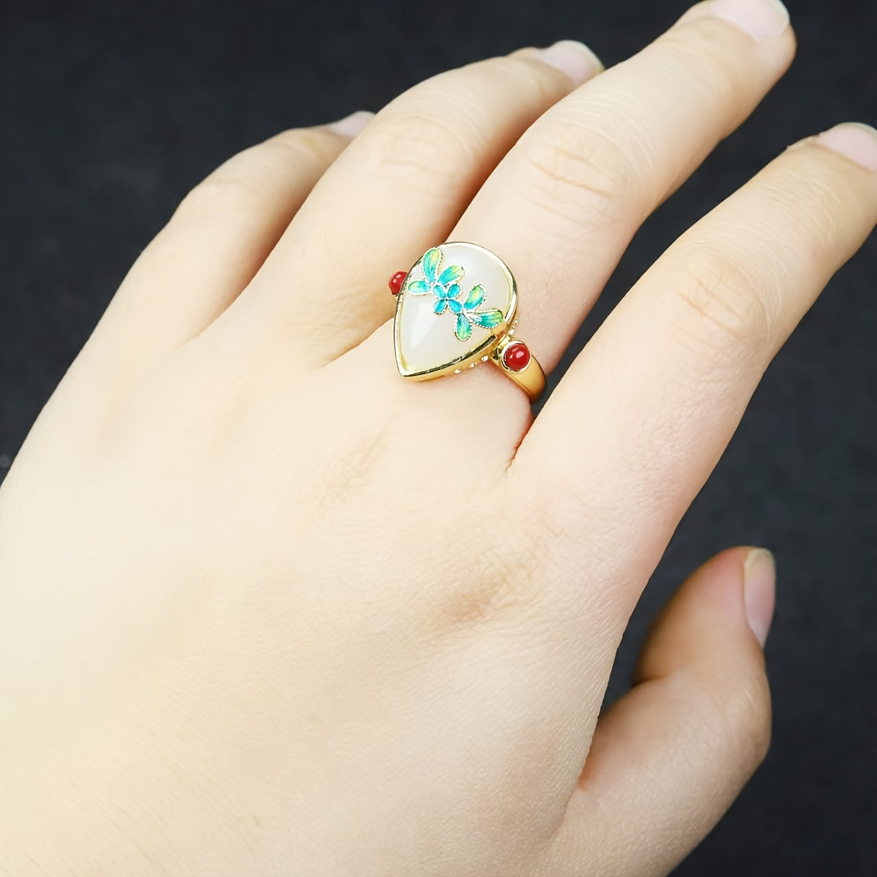 Green Jade Teardrop Ring with Enamel Flower | Natural Stone Jewelry for Emotional Balance & Prosperity