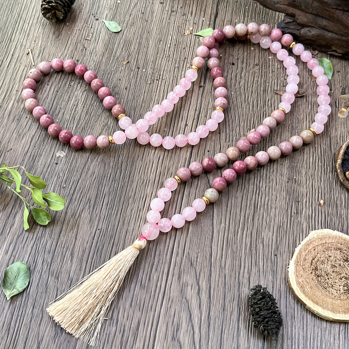 Rose Quartz & Rhodonite Mala Necklace — A String of Pauses for the Overthinking Mind