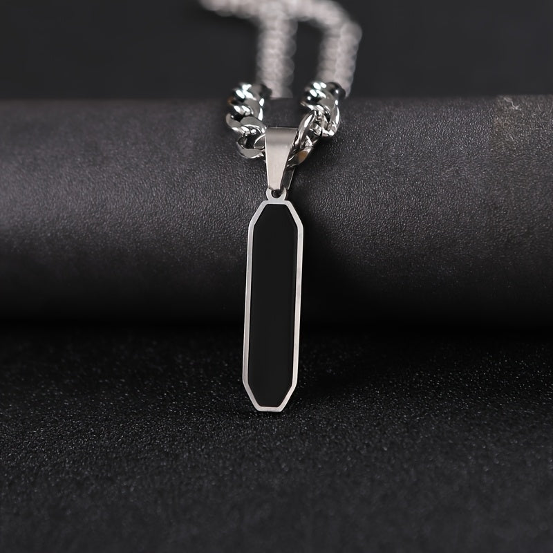 Men's Stainless Steel Cuban Chain Necklace with Black Geometric Pendant - Modern Energy & Versatile Style for Casual & Party Wear