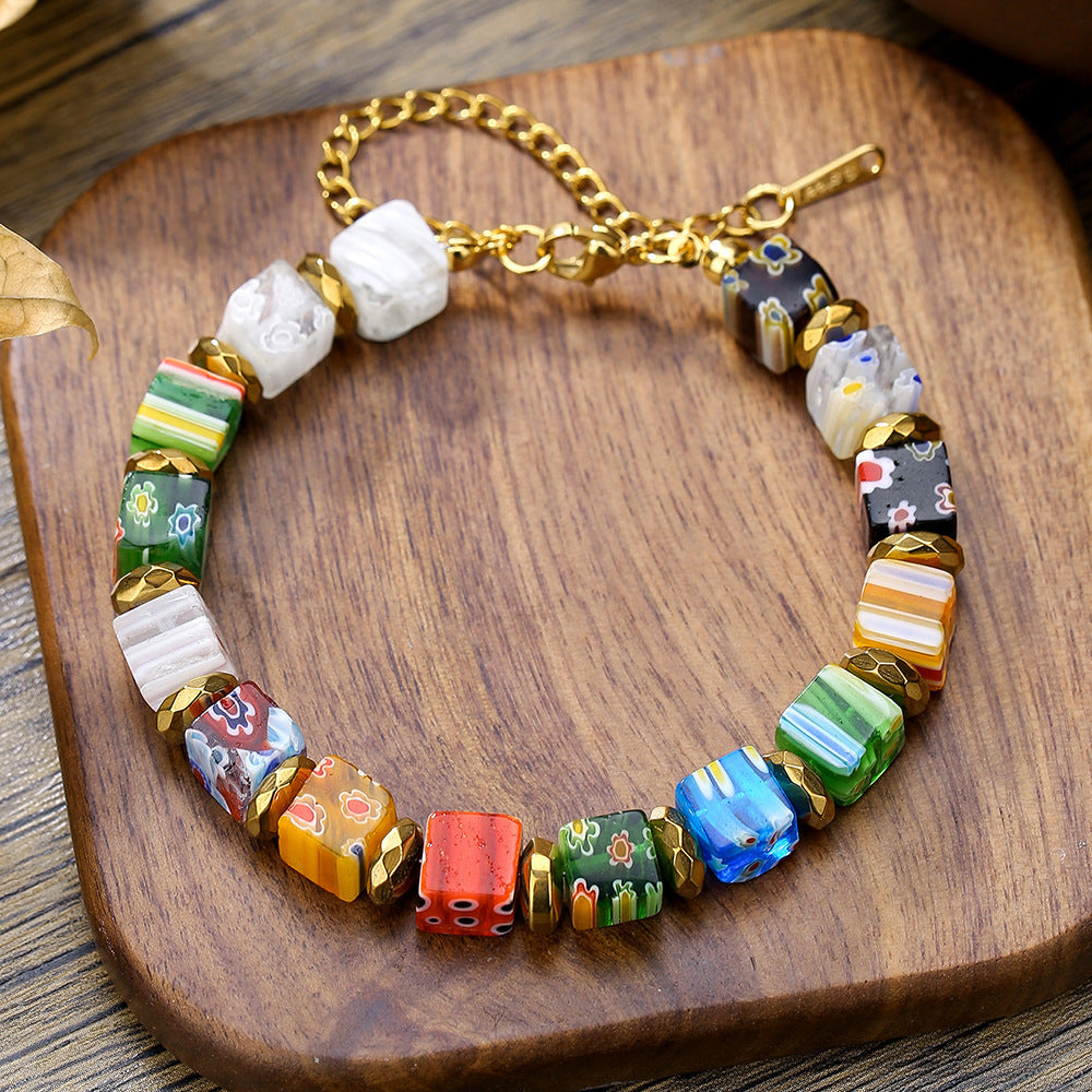 Murano Glass Dice Bead Bracelet — Colorful Harmony, Joy & Playful Spirit Charm