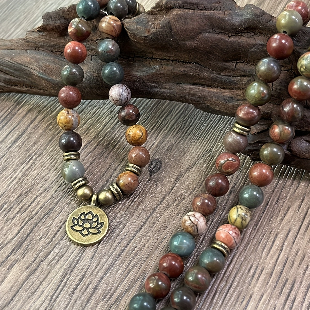 108 Mala Beads Picasso Jasper Bracelet: Bohemian Chakra Jewelry for Meditation & Spiritual Connection