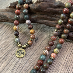108 Mala Beads Picasso Jasper Bracelet: Bohemian Chakra Jewelry for Meditation & Spiritual Connection