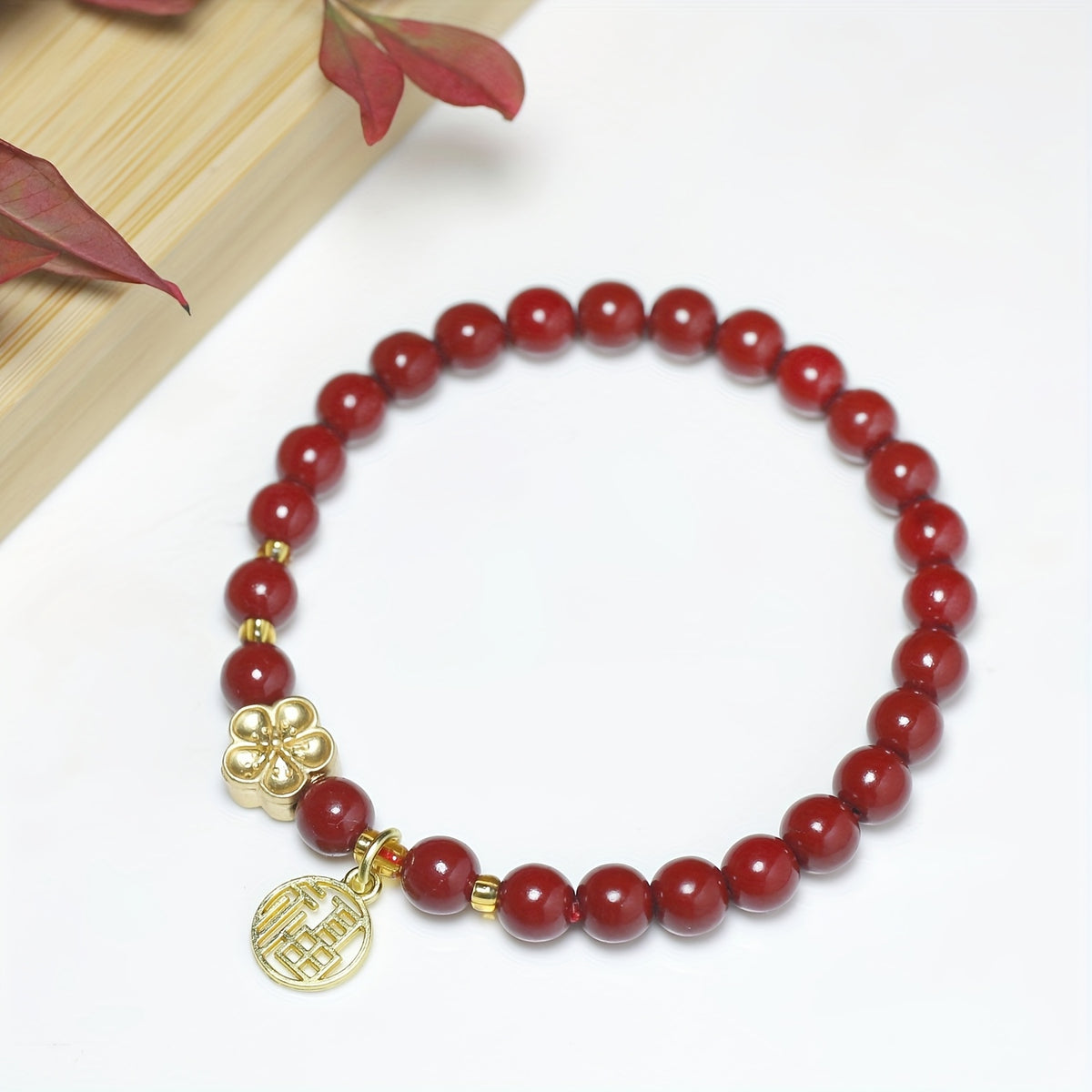 Fashion Red Sandalwood Bead Bracelet with Flower Charm & Double Happiness Pendant – Feng Shui Enhanced Energy for Career & Love